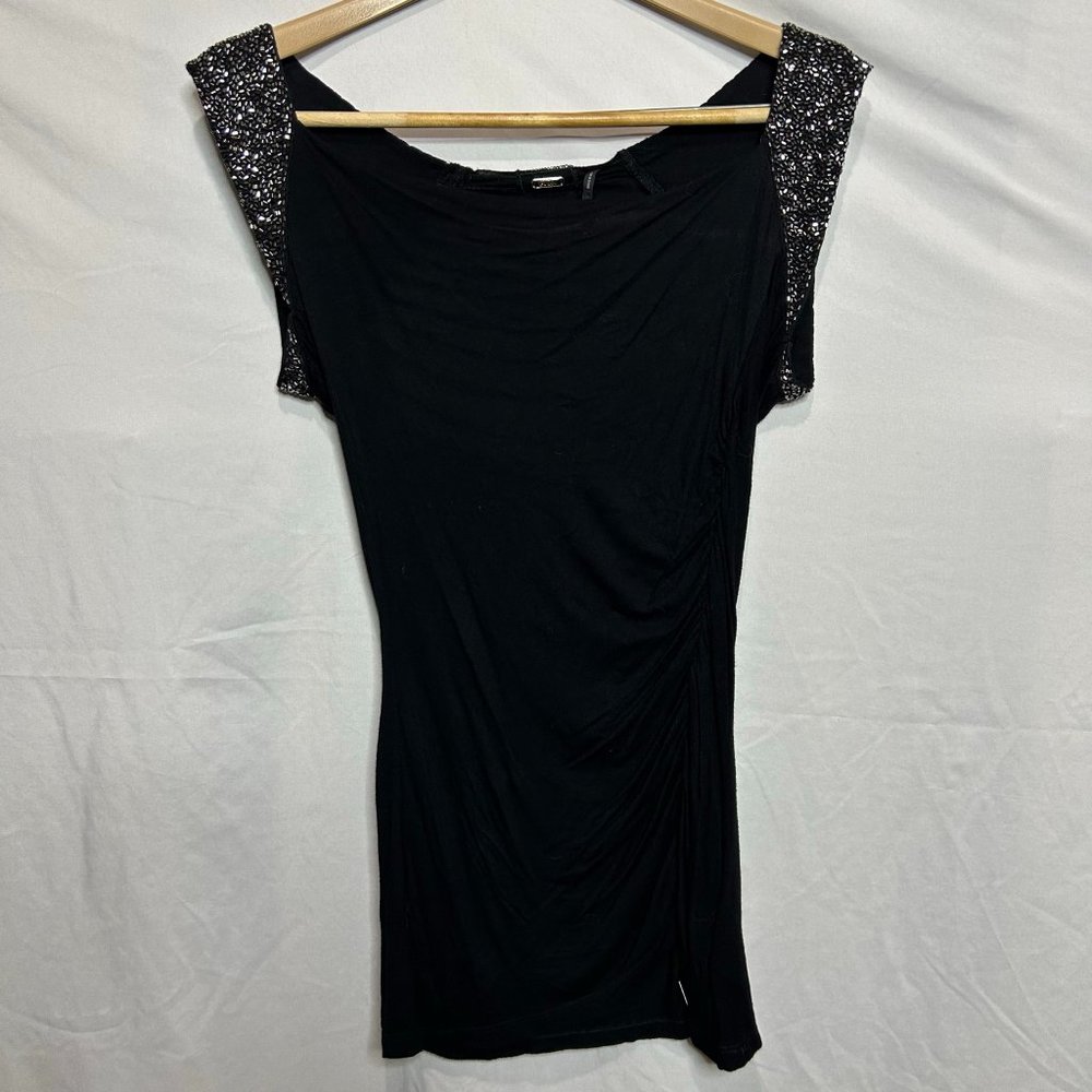Guess Womens Black Beaded Shoulder Ruched Side Strappy‎ Cutout Back Top Medium
